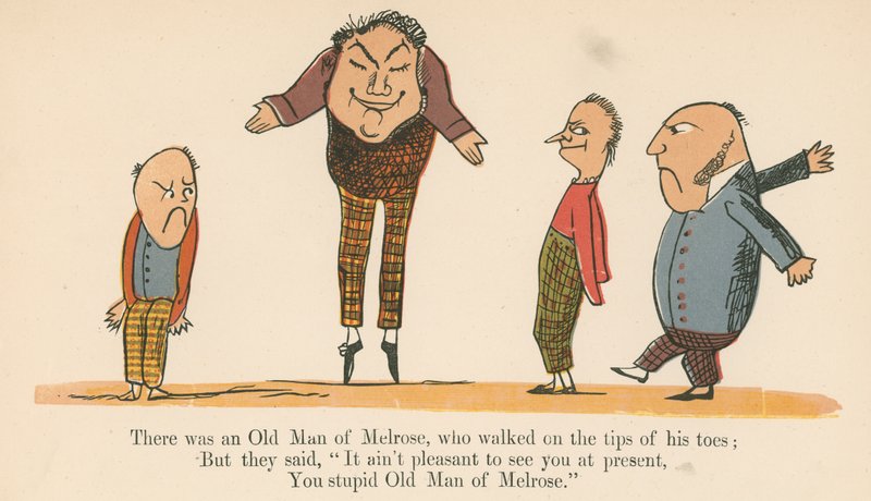 有一位梅尔罗斯的老人，他的脚趾尖端，从弗雷德里克·沃恩公司（Frederick Warne and Co.，London，1875年出版）出版的“一本无意义的书”中走过。 作者 爱德华·李尔