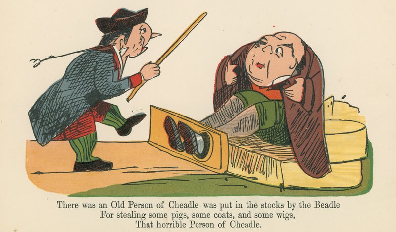 Beadle的一个老人被Beadle放入了股票，来自Frederick Warne and Co.，London，1875年出版的“A Book of Nonsense”。 作者 爱德华·李尔