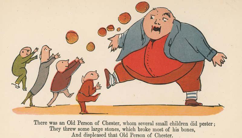 有一个切斯特老人，其中有几个小孩子纠缠不清，来自伦敦Frederick Warne and Co.出版的“无意义的书”，1875年 作者 爱德华·李尔