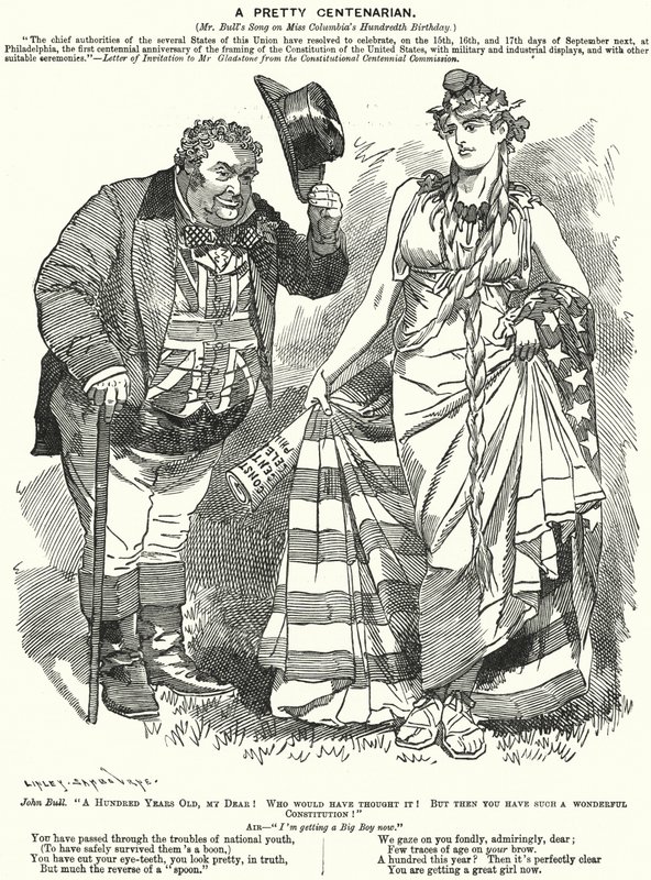 Punch cartoon: A Pretty Centenarian - the centenary of the drafting of the United States Constitution (engraving) 作者 爱德华·林利（之后）桑伯恩