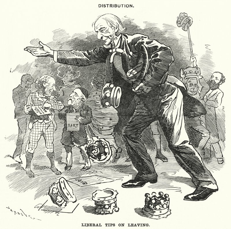 Punch cartoon: Distribution. Liberal Tips on Leaving (engraving) 作者 爱德华·林利（之后）萨姆伯恩