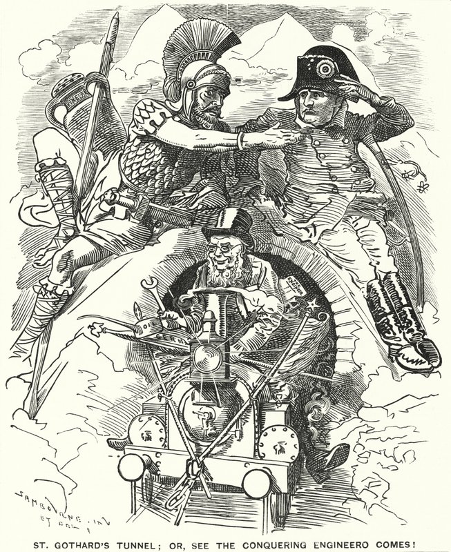 打孔卡通：阿尔卑斯山下圣哥达铁路隧道竣工（版画） 作者 爱德华·林利（之后）萨姆伯恩