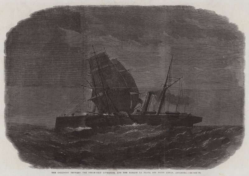 蒸汽船利物浦和Barque la Plata在Point Lynas，Anglesea之间的碰撞 作者 埃德温·威登