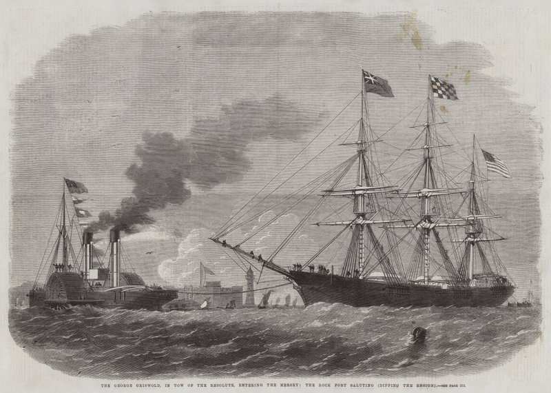 乔治·格里斯沃尔德（George Griswold），在“坚毅之战”（Tow of the Resolute）中，进入默西（Mersey），岩石堡（Rock Fort）敬礼，浸透了少尉 作者 埃德温·威登