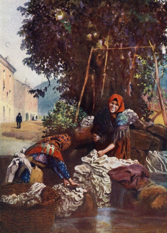 科西嘉：女人洗亚麻布（彩色石版画） 作者 埃德温·亚瑟·诺伯里