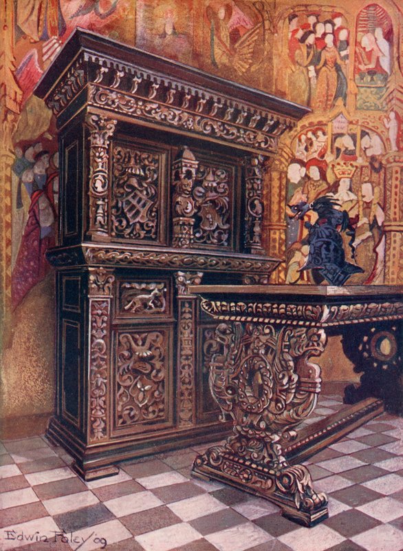 Carved Oak Armoire，承载列日Lambert Suavius的密码。雕花橡木桌 作者 埃德温·约翰·佛利