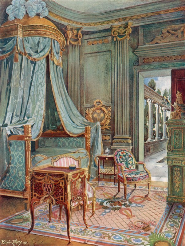 雕刻和镀金垂褶圆顶床。 Marqueterie的Bureau-Toilette（或Petit Secretaire）。 Cartonnier在绿漆 作者 埃德温·约翰·佛利