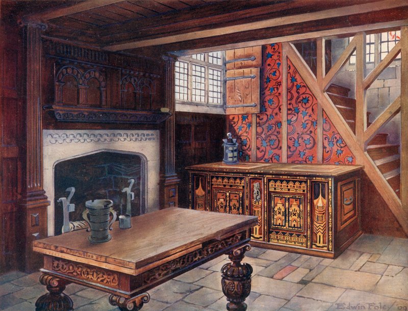镶嵌Nonesuch胸部。雕刻&39;Drawinge&39;表，Shibden Hall。在Chiddenstone雕刻的Chimneypiece。最早的英国墙纸，在博登厅 作者 埃德温·约翰·佛利