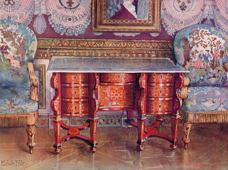 在红色龟甲和漆钢顶部的Kneehole写作表。布勒。 Gilt Fauteuils，在Tapestry中装饰 作者 埃德温·约翰·佛利