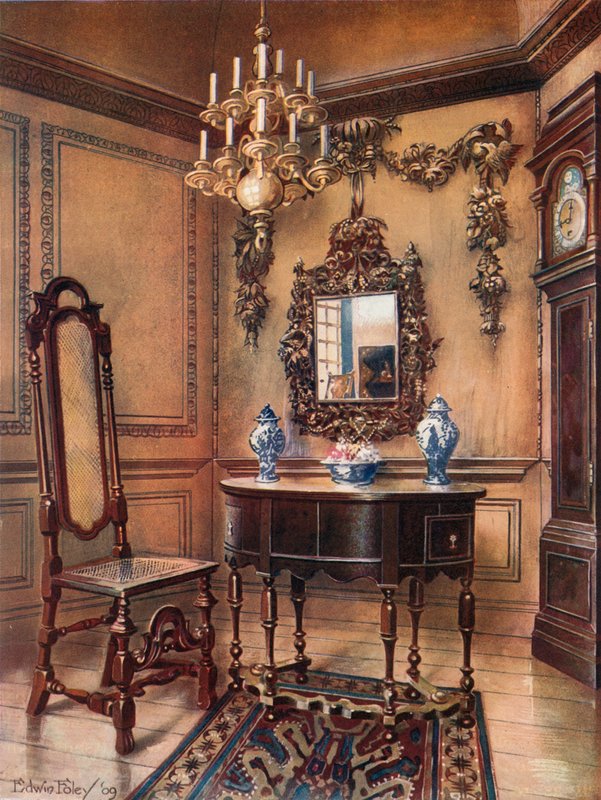 镶板，用Grinling Gibbon Carvings。镜框，胡桃木桌，威廉和玛丽。胡桃木椅子，查尔斯韦斯利的核桃高箱时钟 作者 埃德温·约翰·佛利