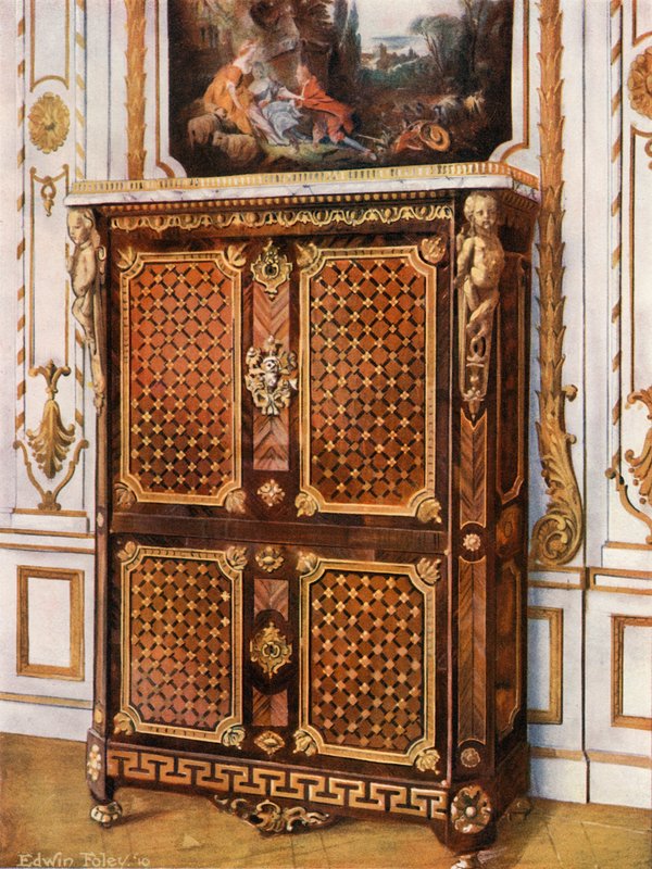 各种木材的Parqueterie直立的Secretaire，Ormolu-Mount Rosettes等 作者 埃德温·约翰·佛利