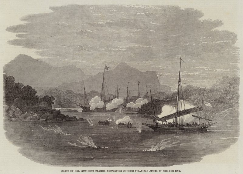 HM Gun-Boat Flamer的小船在Cho-Kee Bay摧毁了中国海盗军团 作者 埃德温·威登