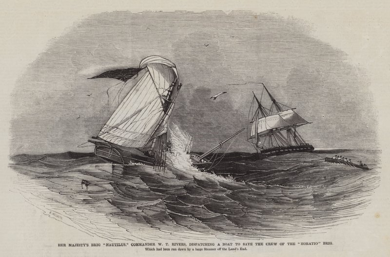 女王陛下的Brig Nautilus，WT Rivers指挥官，派遣一艘船来拯救Horatio Brig的船员 作者 埃德温·威登