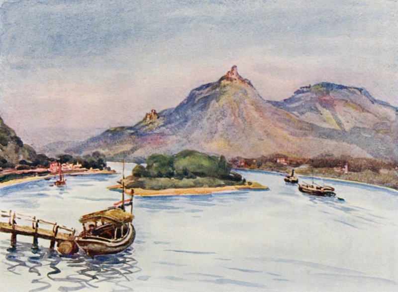 莱茵河：从罗兰塞克（Rolandseck）眺望德拉琴费尔斯（Drachenfels）和侬能韦尔特（Nonnenwerth）（彩色石版画 作者 艾菲·贾丁