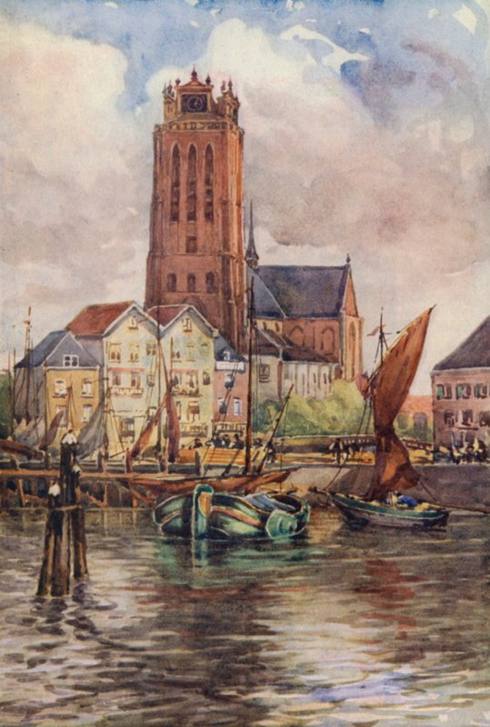 莱茵河：Groote Kerk，多德雷赫特（彩色石版画） 作者 艾菲·贾丁