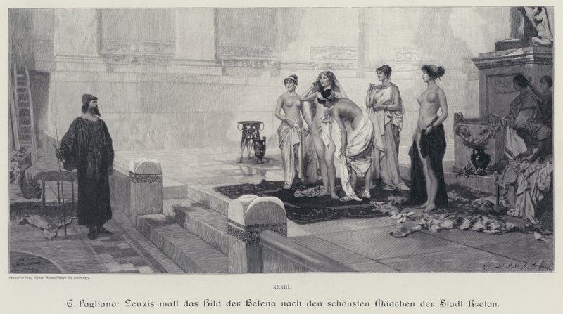 Ancient Greek artist Zeuxis choosing from the most beautiful women of the city of Crotone the model for his painting of Helen of Troy (engraving) 作者 Eleuterio Pagliano