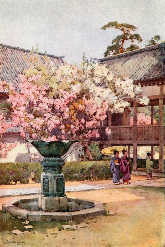 樱花，千院寺（彩色石版画） 作者 艾拉·杜甘蔗