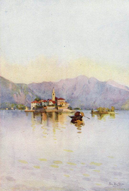 Isola Pescatori 和 Sasso di Ferro，马焦雷湖（彩色平版印刷） 作者 艾拉·杜甘蔗