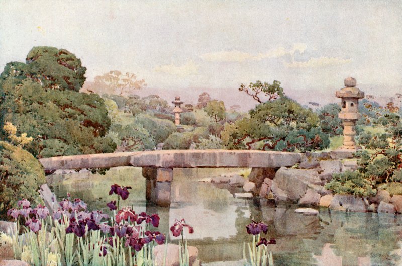 佐竹花园，东京（彩色石版印刷） 作者 艾拉·杜甘蔗