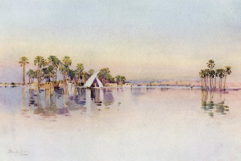 从金字塔底部被淹没的土地上看城堡（彩色石版画） 作者 艾拉·杜甘蔗