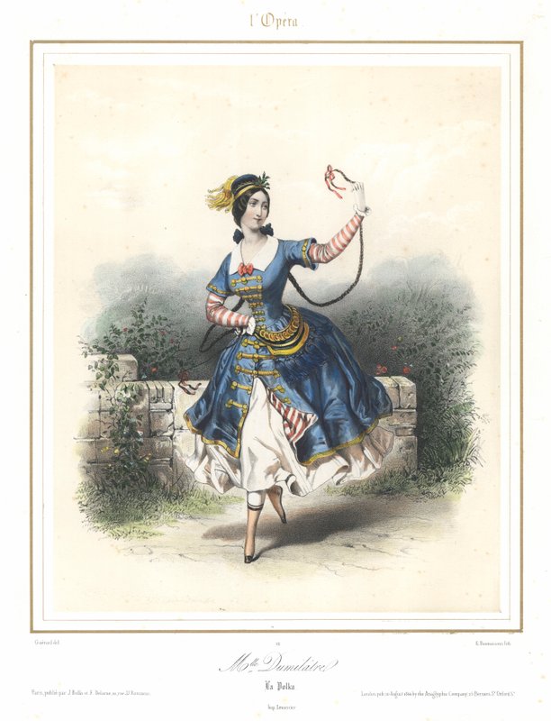 法国芭蕾舞演员Adele Dumilatre在巴黎歌剧院跳舞，约1840年（彩色平版印刷）。 作者 埃米尔·德斯麦森斯
