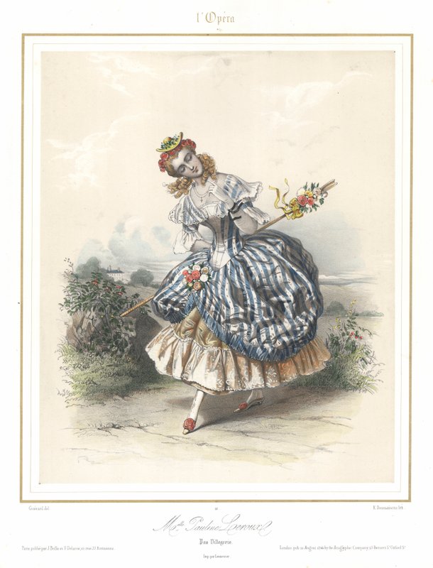 法国芭蕾舞演员Pauline Leroux在巴黎歌剧院跳舞，约1840年（彩色平版印刷）。 作者 埃米尔·德斯麦森斯