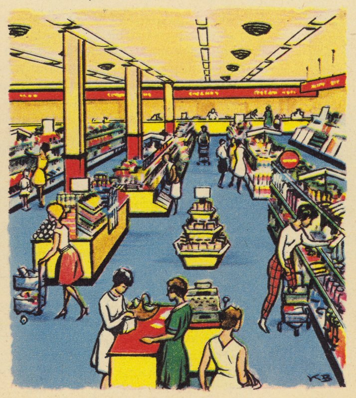1950年，英国的早期自助商店或超市 作者 英语学校