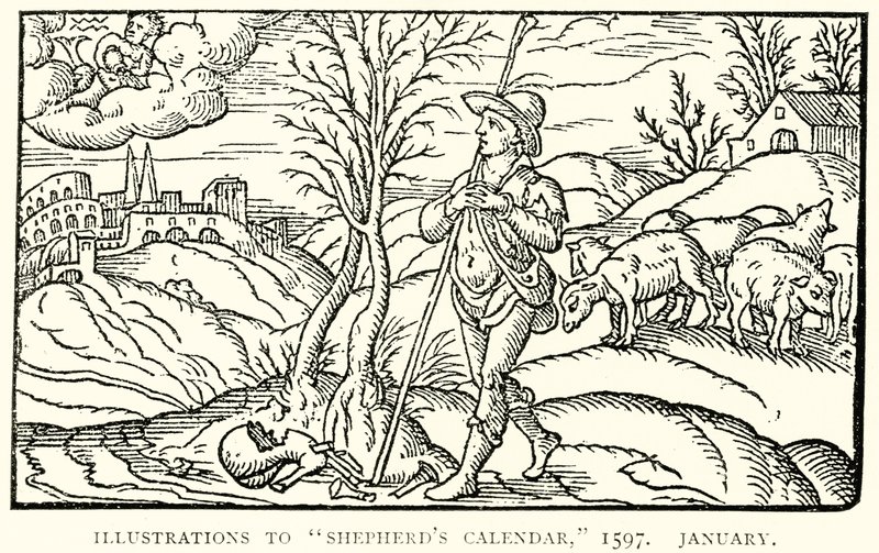牧羊人日历的插图，1597年。1月 作者 英语学校