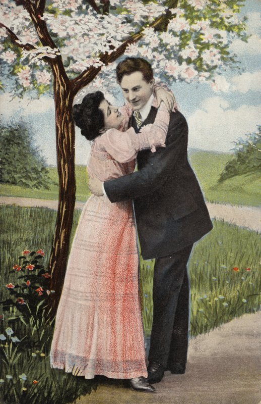夫妇拥抱在开花树（chromolitho）下 作者 英国摄影师
