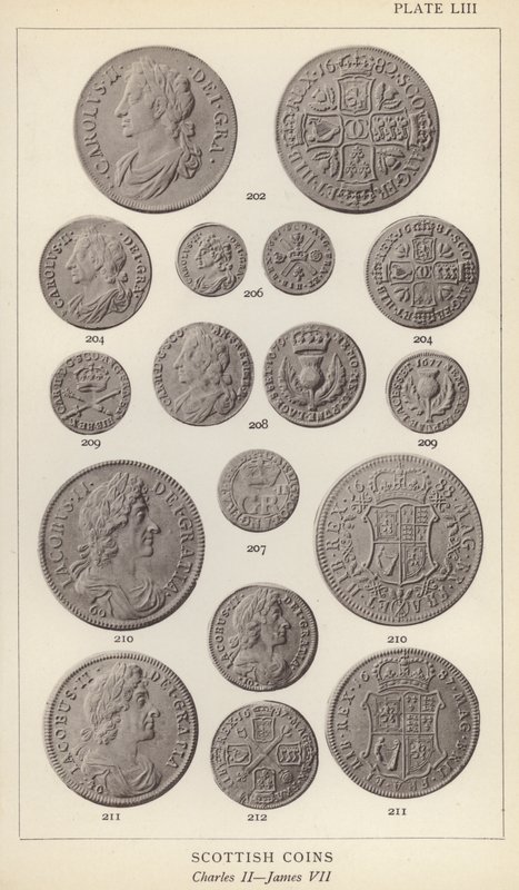 Scottish Coins, Charles II, James VII (b/w photo) 作者 英国摄影师