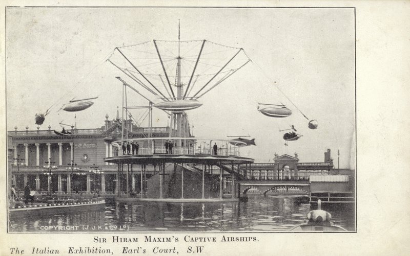 Hiram Maxims爵士在1904年在伦敦Earls Court举办的意大利展览会上进行了俘虏飞艇 作者 英国摄影师