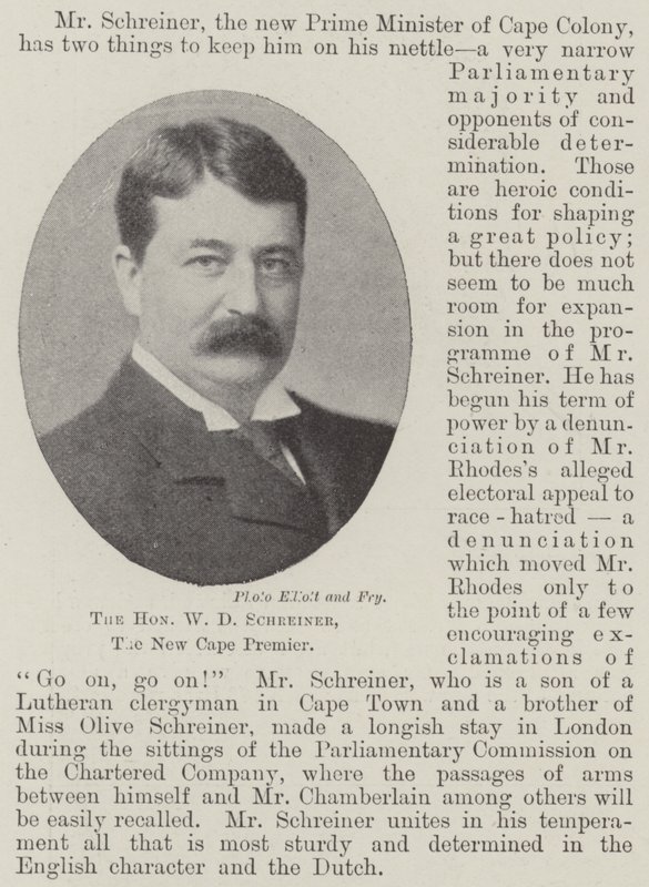 尊敬的WD Schreiner，新开普敦总理 作者 英国摄影师