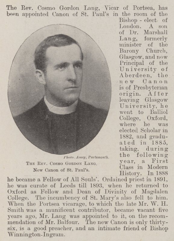 牧师Cosmo Gordon Lang，St Pauls的新佳能 作者 英国摄影师