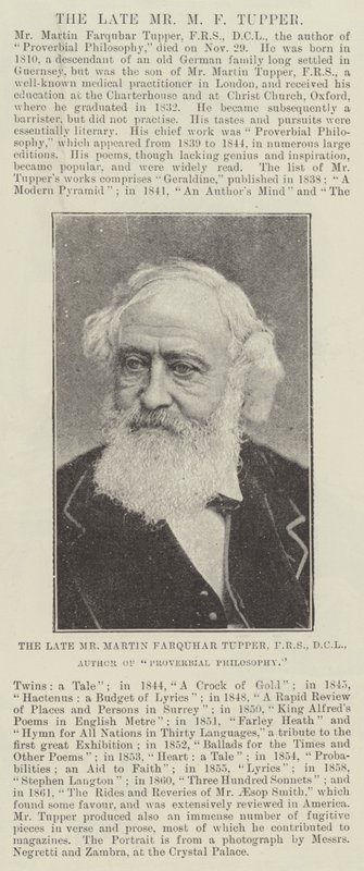 已故的Martin Farquhar Tupper先生，FRS，DCL，谚语哲学的作者 作者 英国摄影师