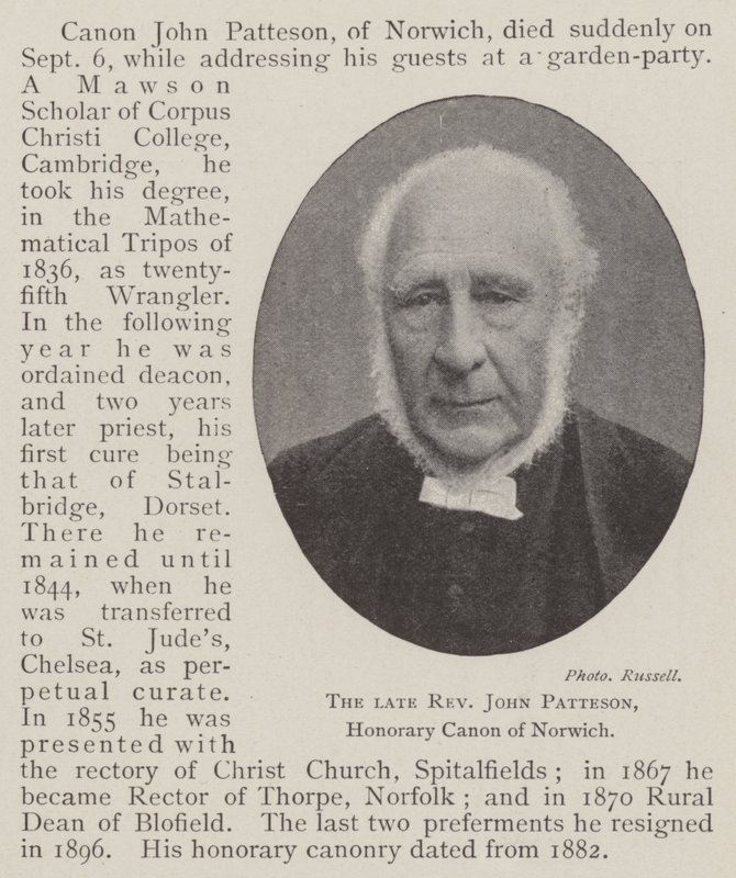 已故的牧师John Patteson，Norwich的名誉佳能 作者 英国摄影师