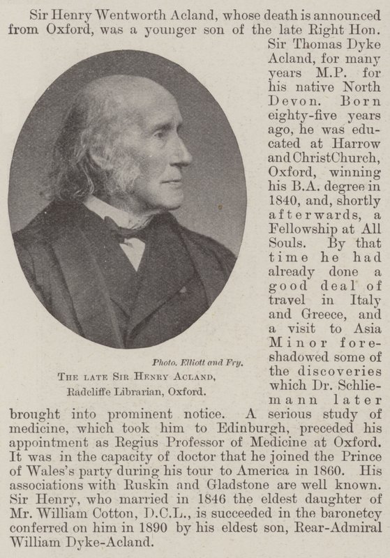 已故的Sir Henry Acland，Radcliffe Librarian，Oxford 作者 英国摄影师