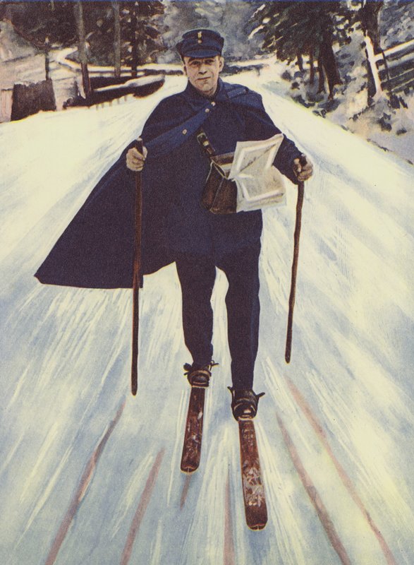 一个德国邮递员在滑雪（彩色平版印刷）。 作者 英语学校