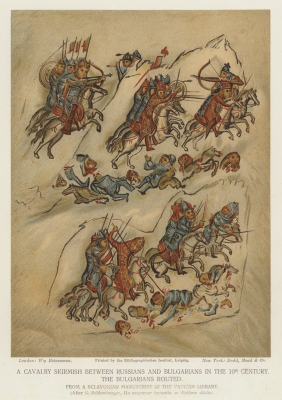 10 世纪俄罗斯人和保加利亚人之间的骑兵小冲突（彩色石版画） 作者 英语学校