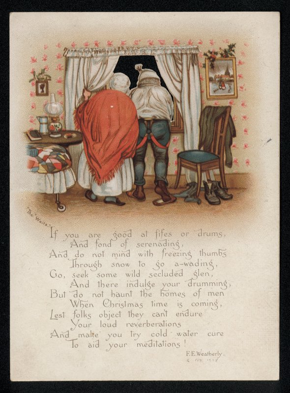 A couple objecting to carol singers outside their window, Christmas greetings card. (chromolitho) 作者 英语学校