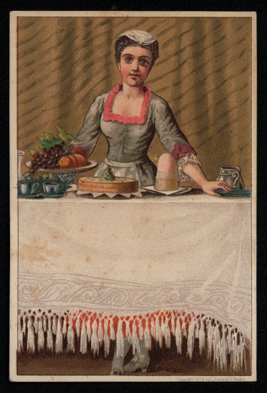一个女仆或服务女孩在桌子上摆放食物，问候卡。(chromolitho) 作者 英语学校