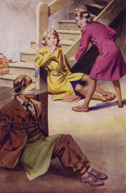 一名男子被捆绑、塞住嘴巴坐在地板上，两名女孩在一旁观看（彩色石版画） 作者 英语学校