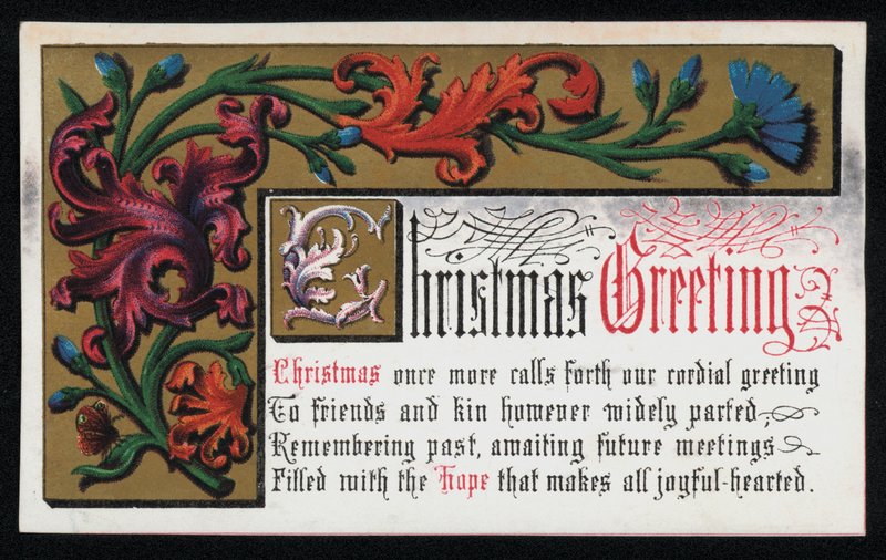 A verse with floral scroll pattern, Christmas greetings card. (chromolitho) 作者 英语学校