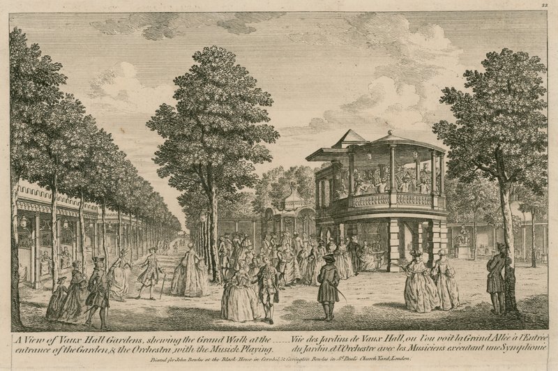 伦敦沃克斯豪尔花园（Vauxhall Gardens）的景色，在花园和管弦乐队的入口处随着音乐播放而大放异彩 作者 英语学校