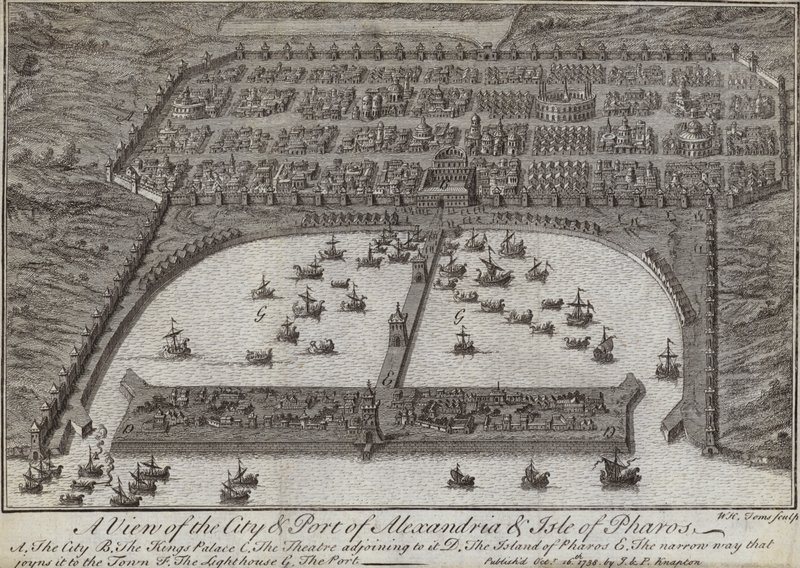 亚历山大城市和港口的看法和Pharos小岛，埃及，1738 作者 英语学校
