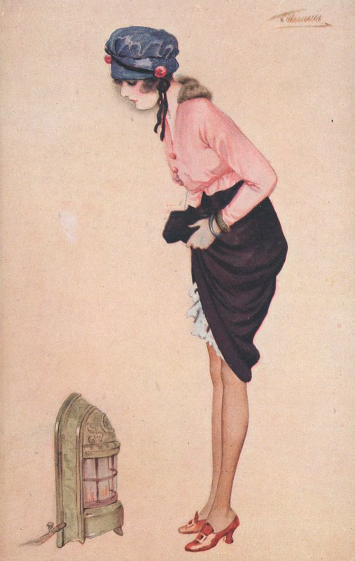 一个女人抬起她的裙子，用一个小加热器温暖她的腿 作者 英语学校