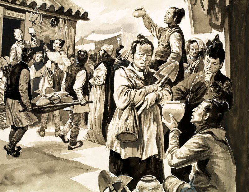 大约一千年前的中国，顾客与商人讨价还价，并以黑钱付款（纸上水粉画）。 作者 英语学校