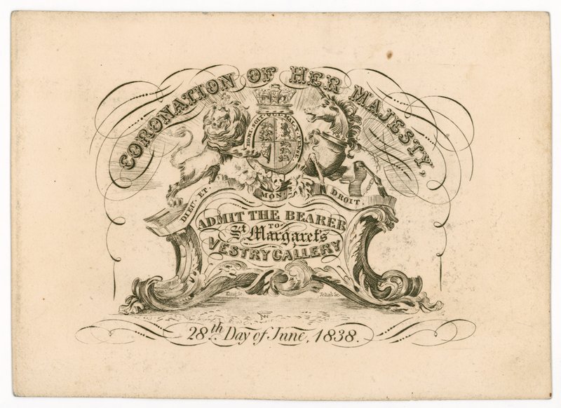 1838年6月28日，维多利亚女王的加冕礼，前往St Margarets Vestry画廊的入场券 作者 英语学校