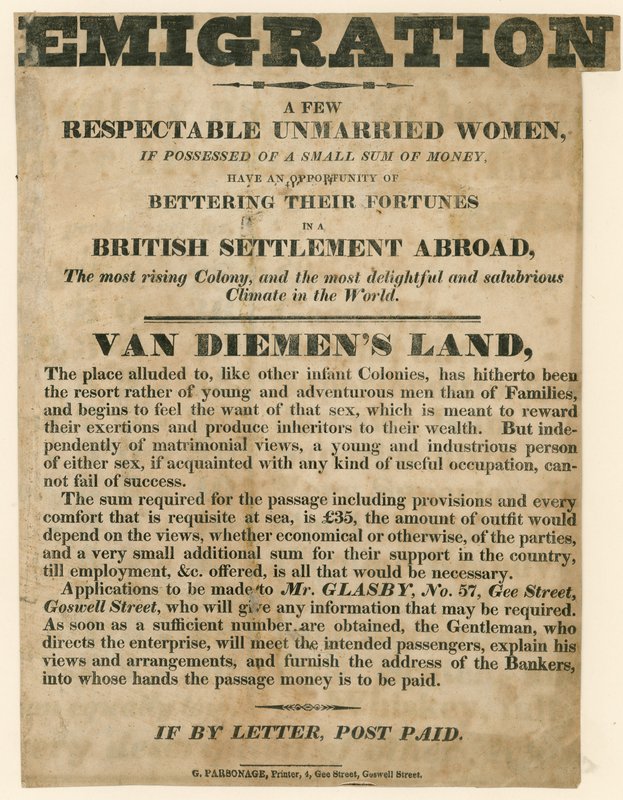关注年轻女性向Van Diemens Land移民的广告 作者 英语学校