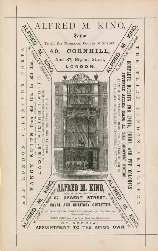 广告为Alfred M Kino，裁缝，40 Cornhill和伦敦摄政街87号 作者 英语学校