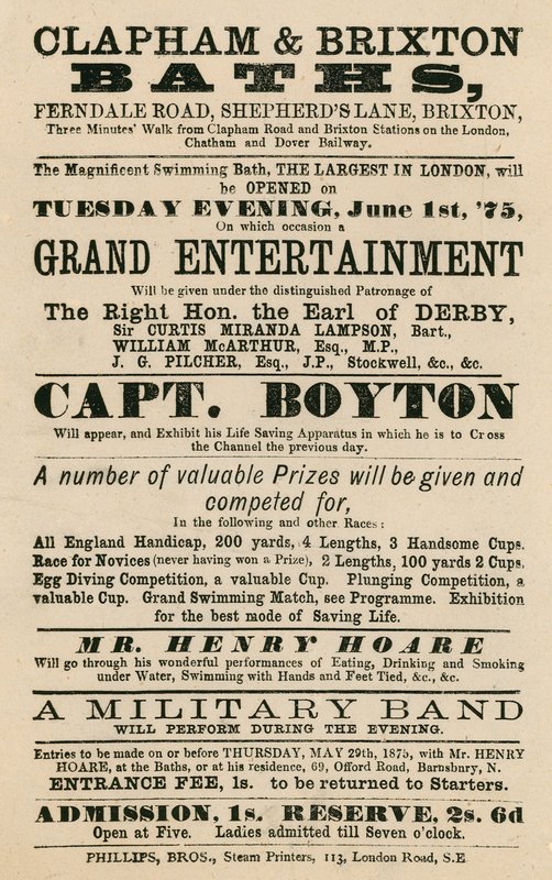 广告为Clapham和Brixton Baths，Ferndale Road，Shepherds Lane，Brixton，London;以博伊顿船长为特色 作者 英语学校